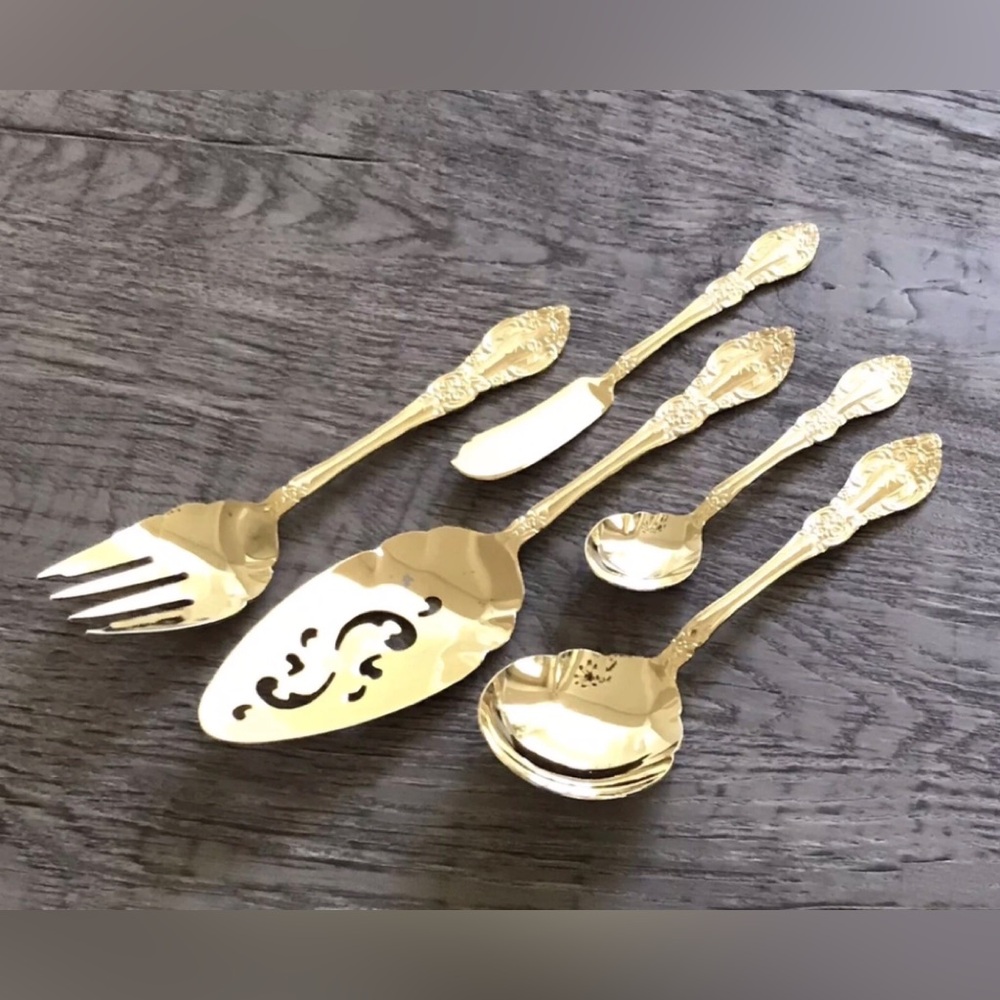 Vintage Springtime Stainless Japan Gold Electroplated 5 Piece Serving Set